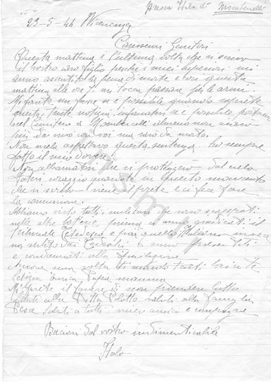 L’immagine riproduce la lettera di Italo Aresca ai genitori, scritta il giorno della sua fucilazione. Il documento è scritto a matita su un foglio a righe.