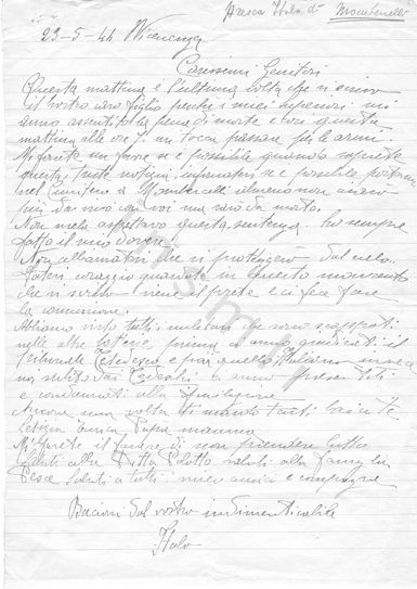 L’immagine riproduce la lettera di Italo Aresca ai genitori, scritta il giorno della sua fucilazione. Il documento è scritto a matita su un foglio a righe.