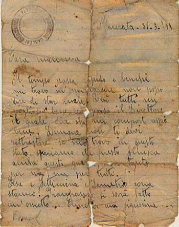 Lìimmagine riproduce il fronte della lettera manoscritta di Ivo Pasquinelli alla madre del 31 marzo 1944 su foglio di carta.