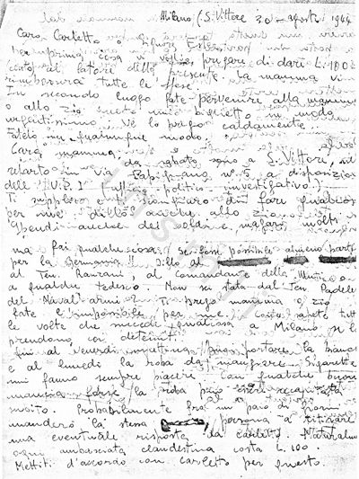 L’immagine riproduce la fotocopia della prima facciata dell’ultima lettera di Leopoldo Fagnani, scritta il giorno precedente la sua esecuzione.