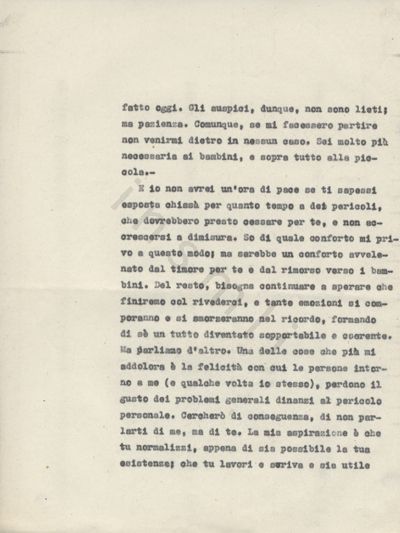 L’immagine riproduce la seconda pagina della trascrizione a macchina dell’ultima lettera di Leone Ginzburg alla moglie Natalia.
