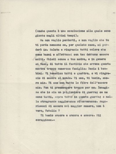 L’immagine riproduce la quinta pagina della trascrizione a macchina dell’ultima lettera di Leone Ginzburg alla moglie Natalia.