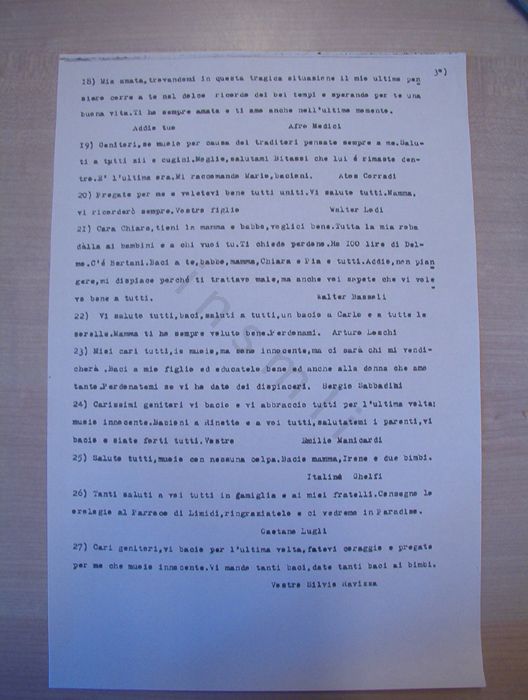 I biglietti scritti dai 60 ostaggi il 20 novembre 1944 e consegnati all’allora arciprete di Limidi don Walter Silvestri furono tutti ricopiati da quest’ultimo subito dopo la guerra. Questa immagine riproduce la terza pagina della copia a macchina, da lui eseguita su quattro fogli, nel luglio 1945. Il presente messaggio è accompagnato da altri nove di diversi autori. A conclusione dell’intero elenco don Silvestri pose la seguente nota che spiega le ragioni per cui egli raccolse solo 41 messaggi mentre 60 erano i condannati a morte: «Alcuni non scrissero perché la mano non reggeva la matita (o penna) che loro prestava. Altri scrissero solamente qualche espressione sconnessa e senza firma. Altri infine scrissero sul muro della Chiesa cui erano appoggiati». 