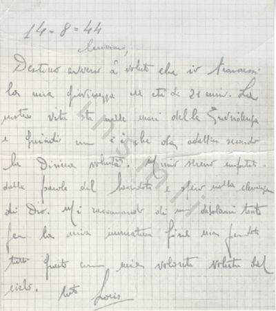 L’immagine riproduce la copia digitale dell’ultima lettera di Loris Tallia Galoppo ai suoi cari.
Il documento originale pare scritto in penna nera su un foglio di carta a quadretti.