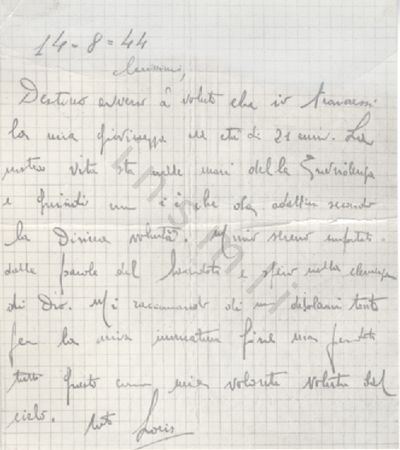 L’immagine riproduce la copia digitale dell’ultima lettera di Loris Tallia Galoppo ai suoi cari.
Il documento originale pare scritto in penna nera su un foglio di carta a quadretti.