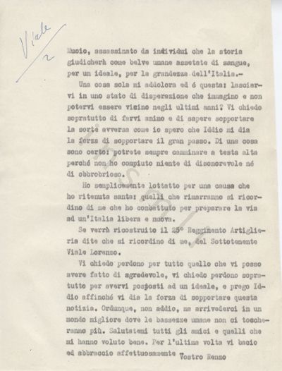 L’immagine riproduce la seconda pagina della trascrizione a macchina dell’ultima lettera di Renzo Viale ai suoi cari, scritta il giorno della sua esecuzione.