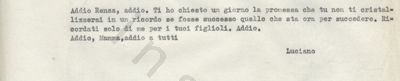L’immagine riproduce la trascrizione a macchina dell’ultima lettera di Luciano Orsini, scritta sul medesimo biglietto ove lasciarono gli ultimi messaggi anche il padre Aristide ed il cugino Nello.