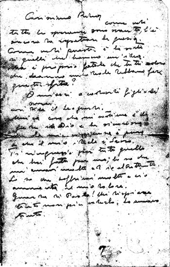 L’immagine riproduce l’ultima lettera di Luciano Pradolin alla sorella Caterina (Rina), scritta la sera prima di essere fucilato. Il documento è scritto a matita su foglio bianco.