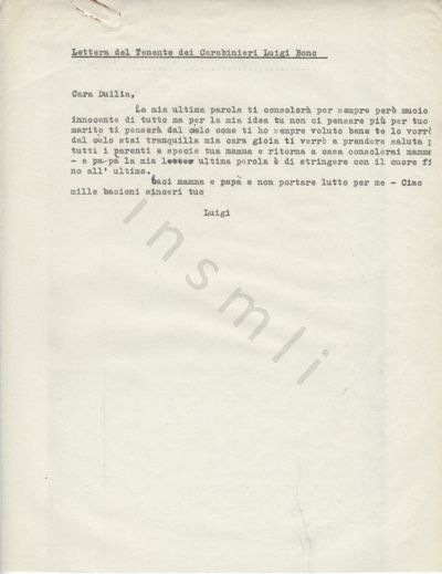 L’immagine riproduce la trascrizione a macchina della ultima "Lettera del Tenente dei Carabinieri Luigi Bonc" (come recita la didascalia in alto al documento) alla moglie Duilia.