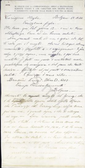 L’immagine riproduce la prima facciata dell’ultima lettera di Luigi Egidio Brusoni a moglie e figlia, scritta dal lager di Bolzano quattro giorni prima di essere deportato a Mauthausen.