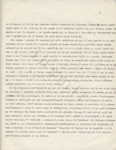 L’immagine riproduce la terza pagina della trascrizione a macchina della lettera di Luigi Capriolo al fratello Giovanni, scritta durante i mesi di lotta partigiana, prima della cattura e dell’impiccagione.