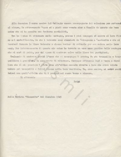 L’immagine riproduce la quarta pagina della trascrizione a macchina della lettera di Luigi Capriolo al fratello Giovanni, scritta durante i mesi di lotta partigiana, prima della cattura e dell’impiccagione.