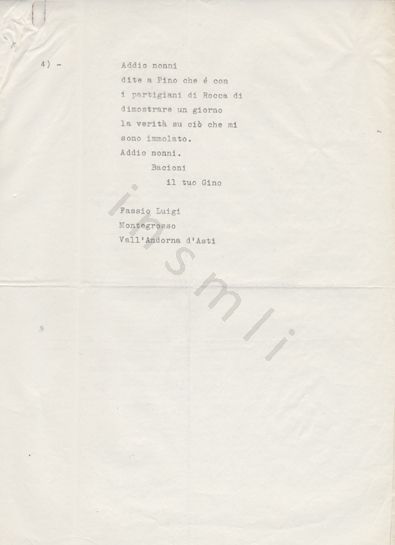 L’immagine riproduce la trascrizione a macchina dell’ultima lettera di Luigi Fassio ai nonni. L’indirizzo in basso è quello del nonno paterno.
