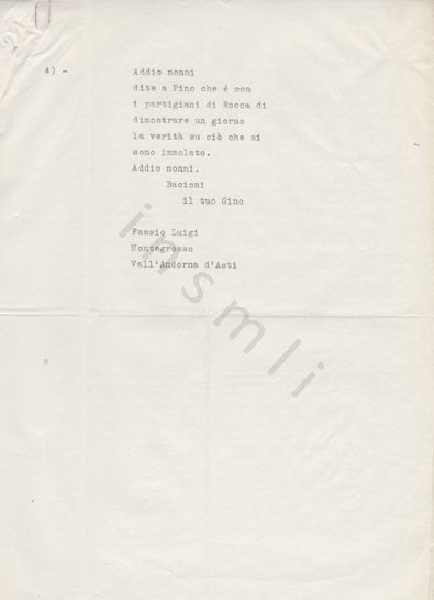 L’immagine riproduce la trascrizione a macchina dell’ultima lettera di Luigi Fassio ai nonni. L’indirizzo in basso è quello del nonno paterno.
