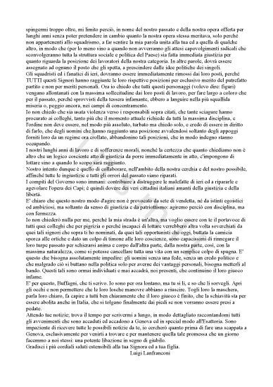 L’immagine riproduce la trascrizione della lettera di Luigi Lanfranconi all’amico e collega Luigi Buffagni, scritta pochi giorni dopo la caduta del fascismo da San Bartolomeo del Cervo (IM), dove l’autore era dislocato con il suo reggimento di artiglieria.