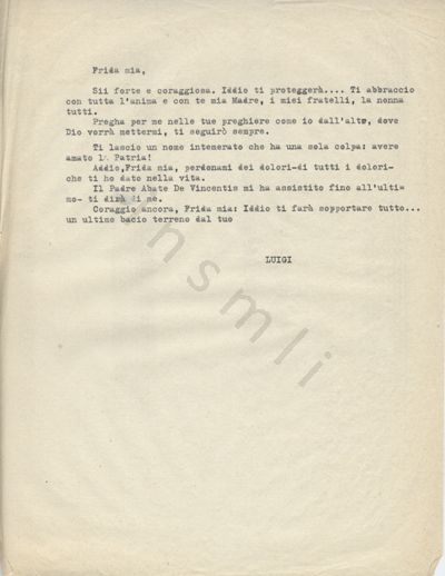 L’immagine riproduce la trascrizione a macchina dell’ultima lettera di Luigi Mascherpa prima della fucilazione.