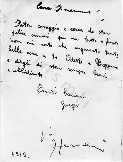 L’immagine riproduce la fotocopia cartacea della lettera di Luigi Migliavacca alla madre. L’originale è probabilmente scritto a penna nera sulla metà sinistra di un foglio bianco.