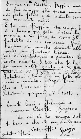 L’immagine riproduce la fotocopia cartacea della seconda pagina della lettera di Luigi Migliavacca a Odetta, Beppino (il fratello) e alla madre. L’originale è probabilmente scritto a penna, su un foglio delle carceri giudiziarie di Torino (come si nota nella scritta in alto).