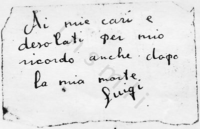 L’immagine riproduce il biglietto scritto da Luigi Migliavacca durante la prigionia.