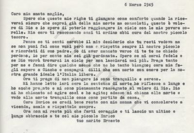 L’immagine riproduce la trascrizione a macchina della lettera di Luigi Ernesto Monnet scritta alla moglie il giorno dopo la sua condanna a morte.