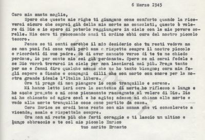 L’immagine riproduce la trascrizione a macchina della lettera di Luigi Ernesto Monnet scritta alla moglie il giorno dopo la sua condanna a morte.