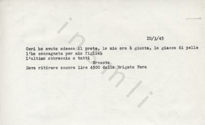 L’immagine riproduce la trascrizione a macchina dell’ultima lettera di Luigi Ernesto Monnet ai suoi cari.
