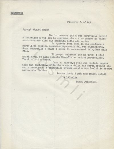 L’immagine riproduce la trascrizione a macchina della lettera scritta da Luigi Palombini alcuni giorni prima della sua esecuzione.