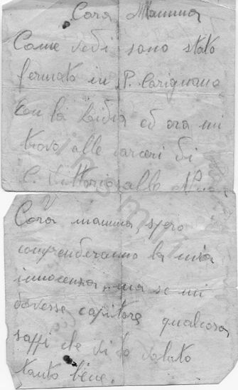 L’immagine riproduce la prima facciata di una delle due ultime lettere scritte da Luigi Parussa alla madre.