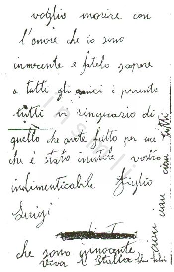 L’immagine riproduce la quarta facciata dell’ultima lettera di Luigi Rasario, scritta il giorno stesso della sua fucilazione. Sul margine destro del foglio si legge "Viva l’Italia", scritto in verticale. L’originale del documento (4 facciate suddivise in due bigliettini) è conservato presso l’Istituto storico della Resistenza e della società contemporanea nel Novarese e nel Verbano Cusio Ossola.