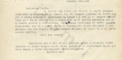 L’immagine riproduce la trascrizione a macchina dell’ultima lettera di Achille Riva ai famigliari.