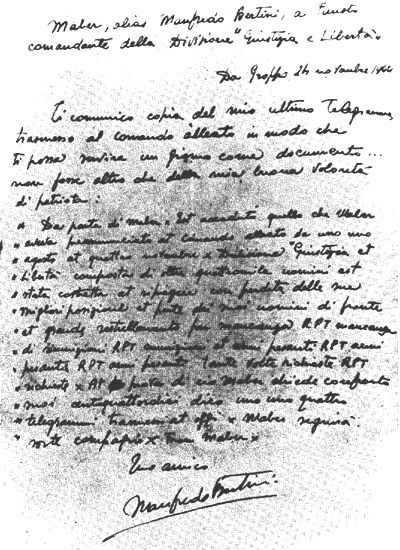 L’immagine riproduce l’ultima lettera scritta da Manfredo Bertini al comandante partigiano Fausto Cossu.
