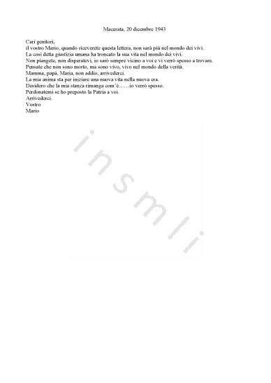 L’immagine riproduce la trascrizione dell’ultima lettera di Mario Batà, scritta ai genitori poco prima della fucilazione.