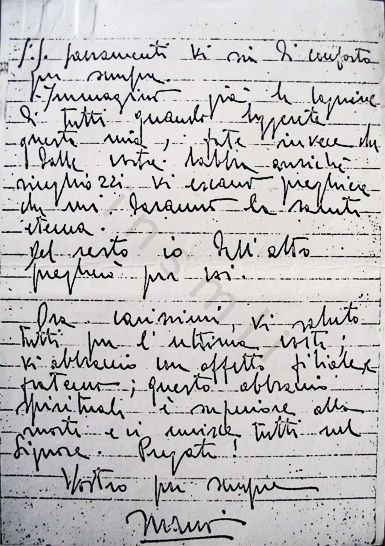 L’immagine riproduce la fotocopia della terza facciata dell’ultima lettera di Mario Bettinzoli ai familiari, scritta da Brescia la sera prima della fucilazione.