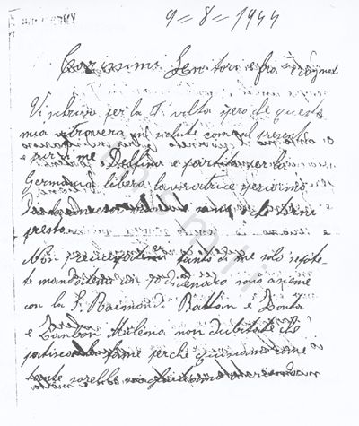 L’immagine riproduce la fotocopia cartacea della prima facciata dell’ultima lettera di Maria Borgato pervenuta ai familiari.
