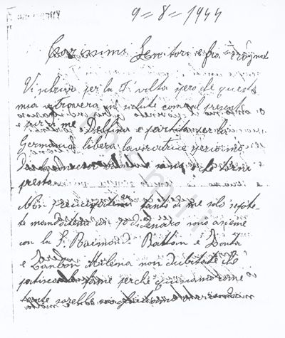 L’immagine riproduce la fotocopia cartacea della prima facciata dell’ultima lettera di Maria Borgato pervenuta ai familiari.