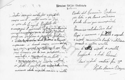 L’immagine riproduce la fotocopia cartacea della seconda facciata dell’ultima lettera di Maria Borgato pervenuta ai familiari. In alto è impresso il timbro delle Carceri giudiziarie di Bolzano.