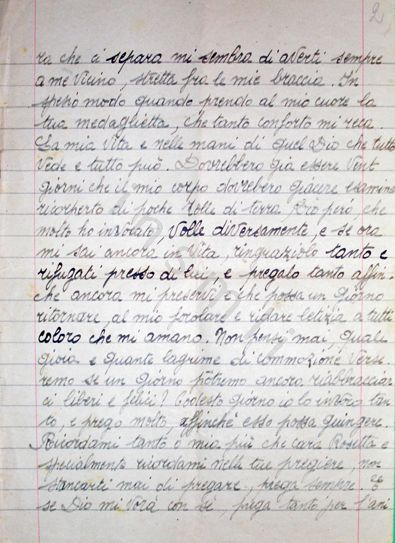 L’immagine riproduce la seconda facciata della trascrizione a mano dell’ultima lettera di Marco Citton, fatta dalla fidanzata Rosetta, che ne era la destinataria. La lettera è stata scritta il giorno stesso della fucilazione.
Il documento è scritto a penna su fogli a righe.