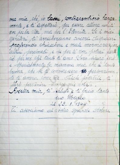 L’immagine riproduce la terza facciata della trascrizione a mano dell’ultima lettera di Marco Citton, fatta dalla fidanzata Rosetta, che ne era la destinataria. La lettera è stata scritta il giorno stesso della fucilazione.
Il documento è scritto a penna su fogli a righe.