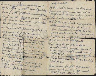 L’immagine riproduce le prime due facciate dell’ultima lettera di Mario Foschiani alle sorelle. La facciata qui trascritta è quella a destra (la prima). Il documento è scritto a penna su un foglio bianco.