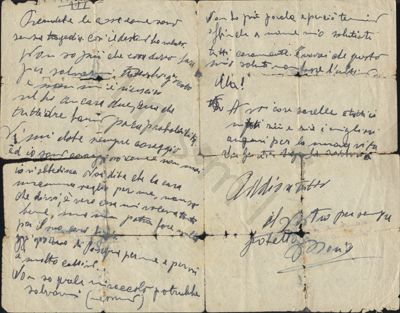 L’immagine riproduce la terza e la quarta facciata dell’ultima lettera di Mario Foschiani alle sorelle. La facciata qui trascritta è quella a destra (la quarta). Il documento è scritto a penna su un foglio bianco.
