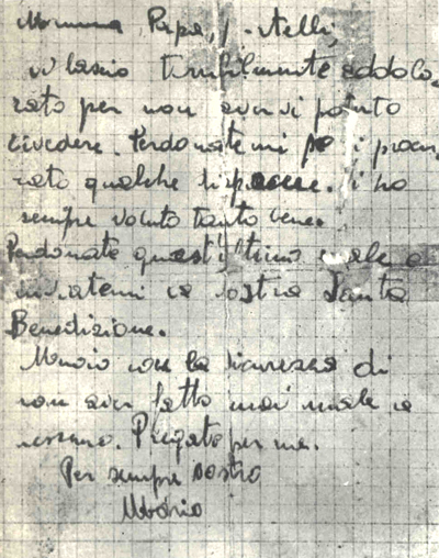L’immagine riproduce l'ultima lettera di Mario Grecchi, scritta ai famigliari tra la cattura (avvenuta il 6 marzo 1944) e l'esecuzione (17 marzo 1944).