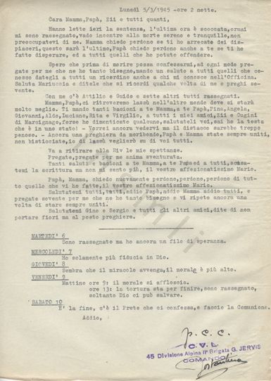 L’immagine riproduce la trascrizione dell’ultima lettera scritta da Mario Lossani ai suoi cari. In basso a destra, c’è il timbro del "C.V.L./45 Divisone Alpina IIa Brigata G. JERVIS/COMANDO" e la firma di Giovanni Costantino (il trascrittore e comandante della brigata a cui Mario Lossani aparteneva).