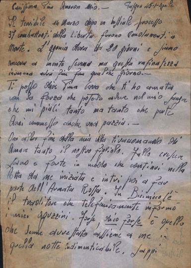 L’immagine riproduce la prima facciata della lettera scritta da Mario Modotti alla moglie Pina, dal carcere di Udine, pochi giorni prima di essere fucilato.
Il documento è scritto a penna nera su carta da lettera.