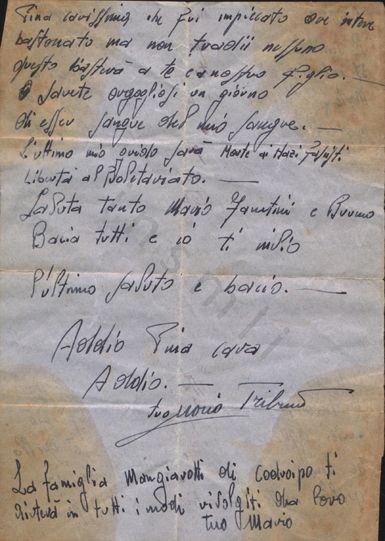 L’immagine riproduce la seconda facciata della lettera scritta da Mario Modotti alla moglie Pina, dal carcere di Udine, pochi giorni prima di essere fucilato.
Il documento è scritto a penna nera su carta da lettera.