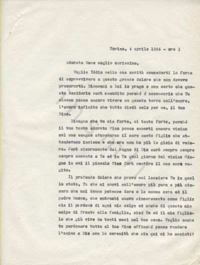 L’immagine riproduce la prima pagina della trascrizione a macchina della lettera scritta da Massimo Montano alla moglie, il giorno prima della sua esecuzione.