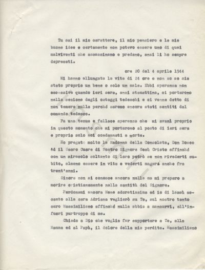 L’immagine riproduce la seconda pagina della trascrizione a macchina della lettera scritta da Massimo Montano alla moglie, il giorno prima della sua esecuzione.