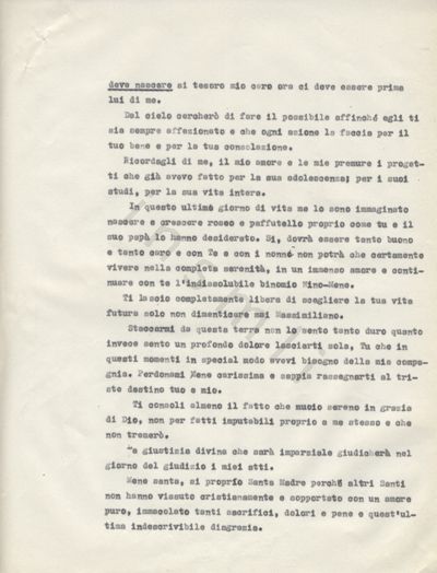 L’immagine riproduce la terza pagina della trascrizione a macchina della lettera scritta da Massimo Montano alla moglie, il giorno prima della sua esecuzione.