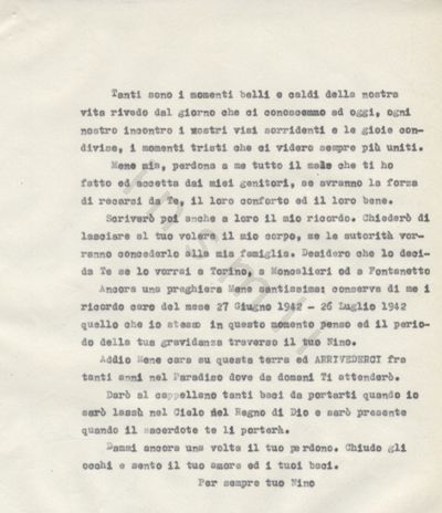 L’immagine riproduce la quinta pagina della trascrizione a macchina della lettera scritta da Massimo Montano alla moglie, il giorno prima della sua esecuzione.