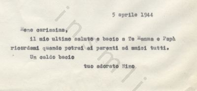 L’immagine riproduce la trascrizione a macchina dell’ultimo messaggio di Massimo Montano alla moglie, il giorno stesso della sua esecuzione.