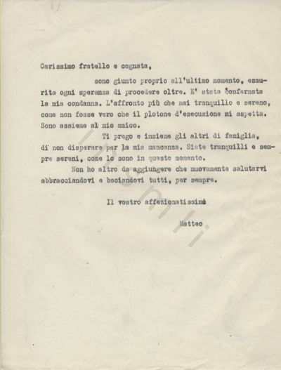 L’immagine riproduce la trascrizione a macchina dell’ultima lettera scritta da Matteo De Bona prima della fucilazione.